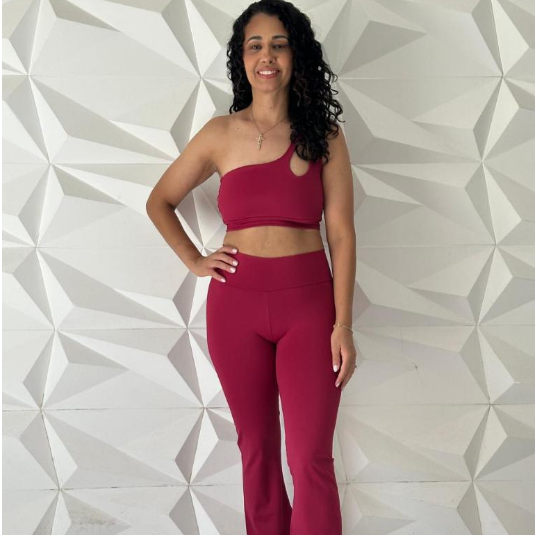 Conjunto Feminino Calça Flare Top básico ou um ombro Treino Academia Poliamida Média Compressão
