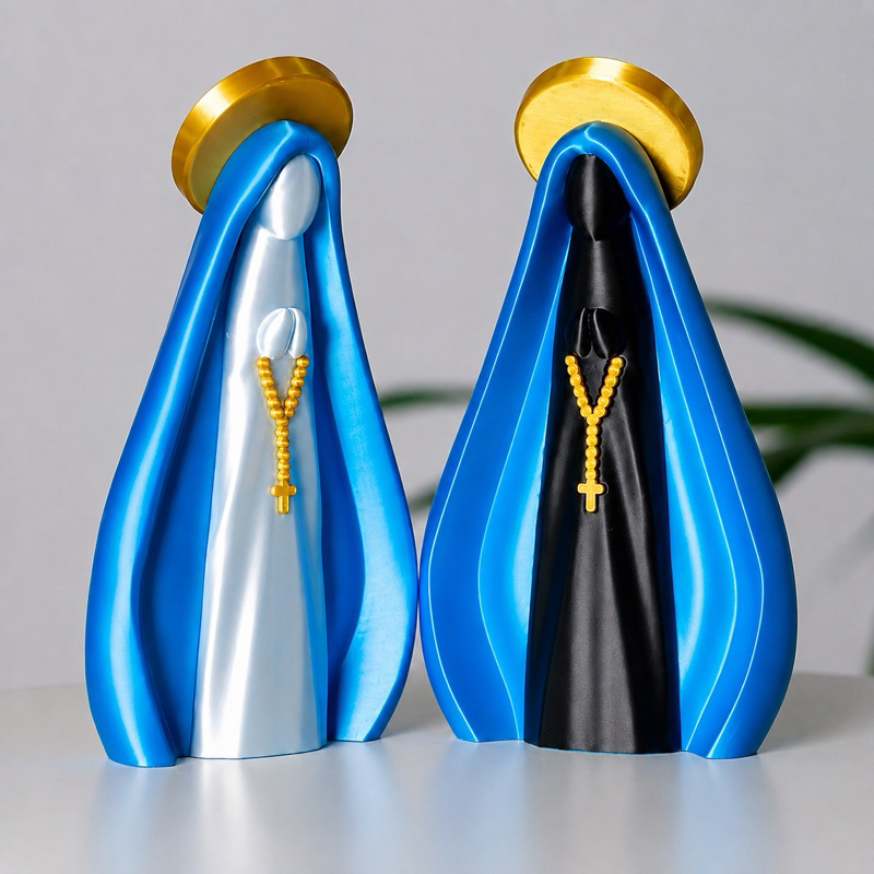 Miniatura Nossa Senhora Aparecida 3D Decorativa com Terço Dourado Presente Religioso para Casa e Escritório