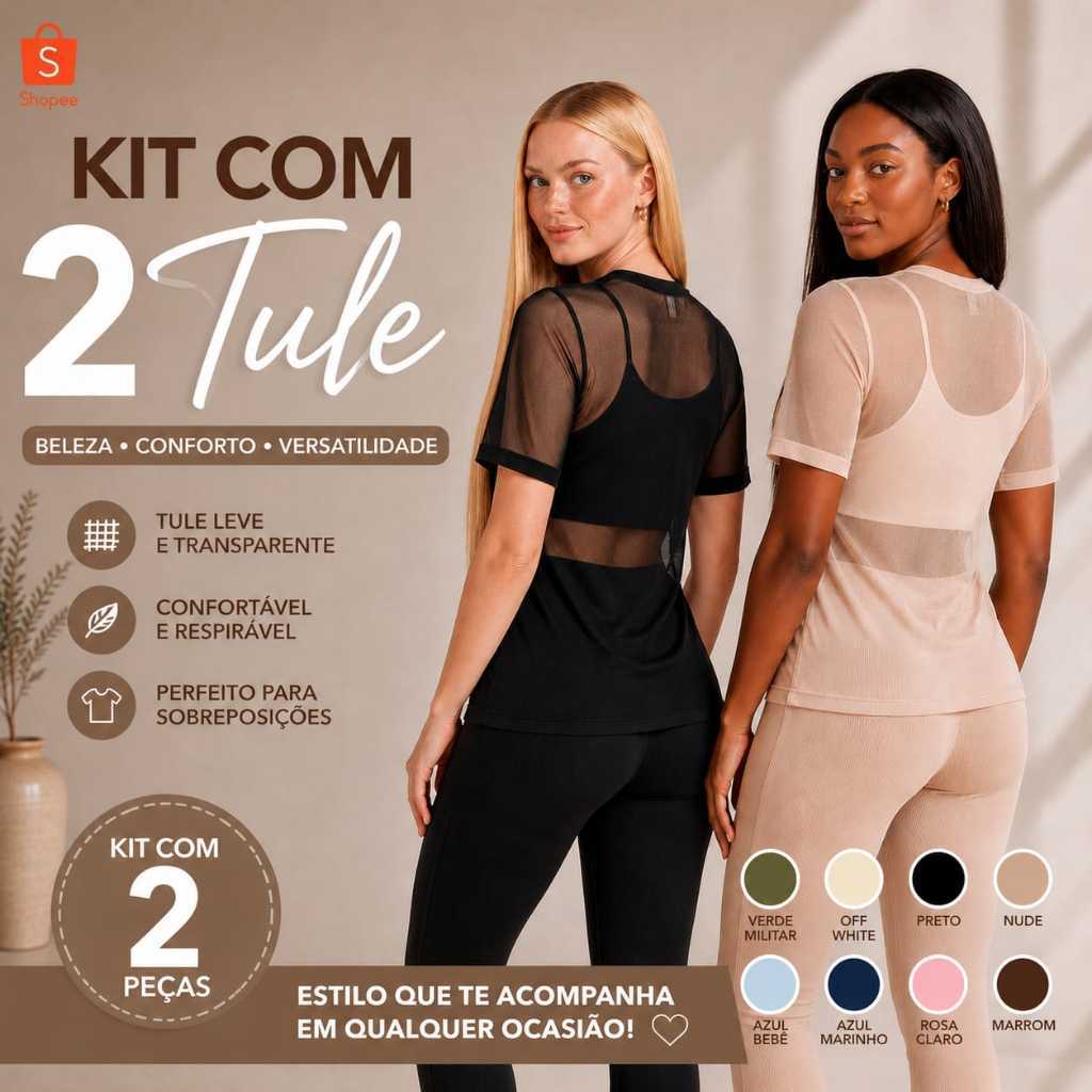Kit 2 Blusa de Tule Feminina Transparente Manga Curta Academia Fitness Treino Camiseta Esportiva Antissuor Casual