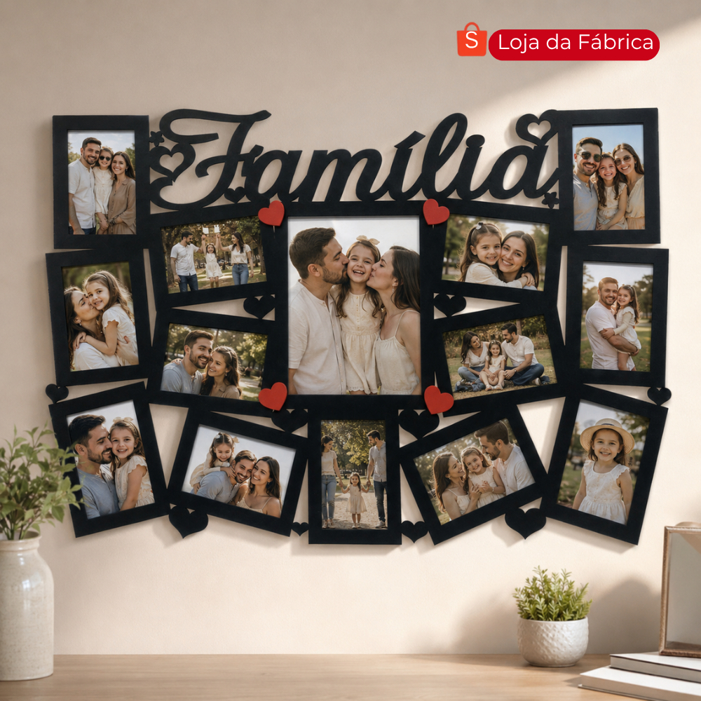 Porta Retrato Família Quadro 14 Fotos Mosaico Multifotos MDF Mural Painel (13 Fotos 10x15 e 1 de 20x25)