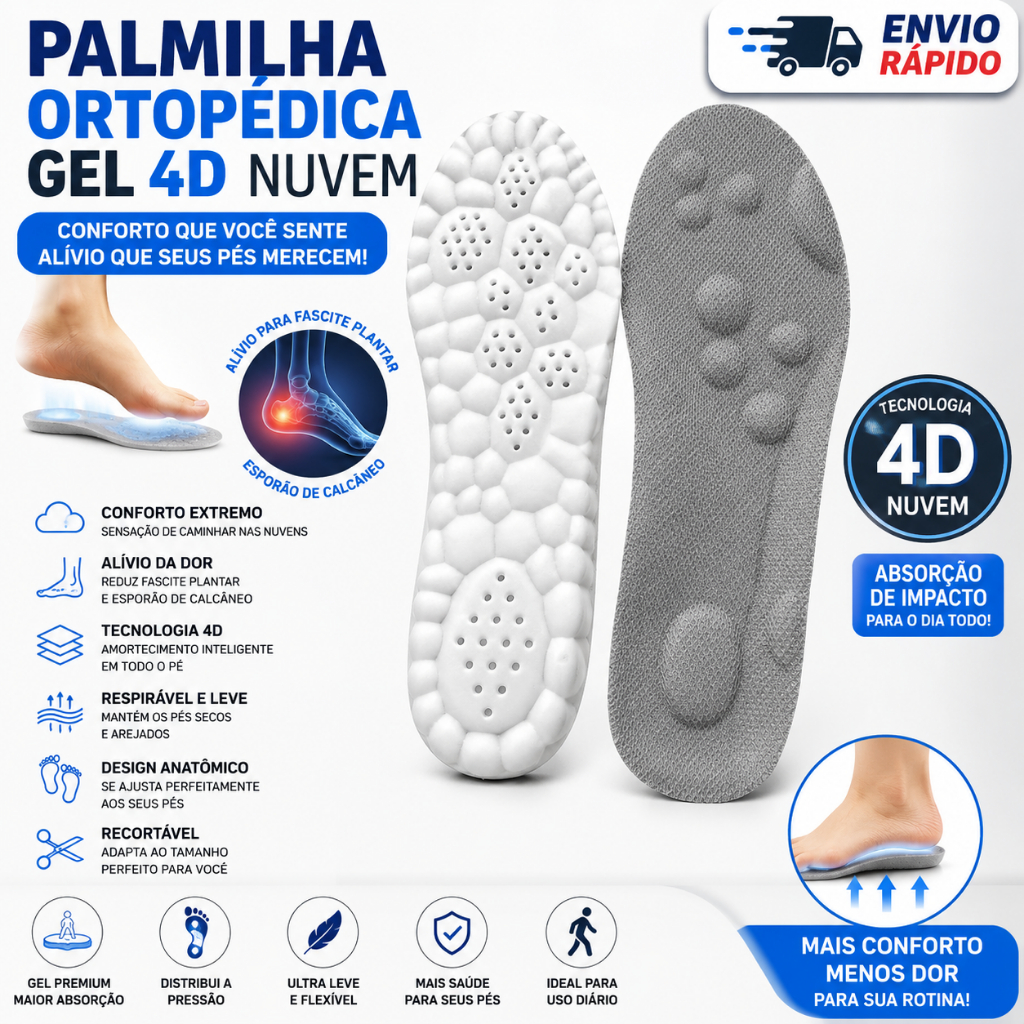 Palmilha Ortopédica Gel 4D Nuvem Fascite Plantar Esporão Alto Conforto Anatômica Absorção.