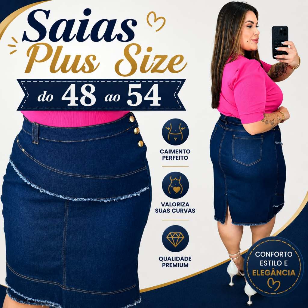 Saias Plus Size Jeans Azul Reta Com Detroit Frontal e Botões Laterias Moda Evangélica.