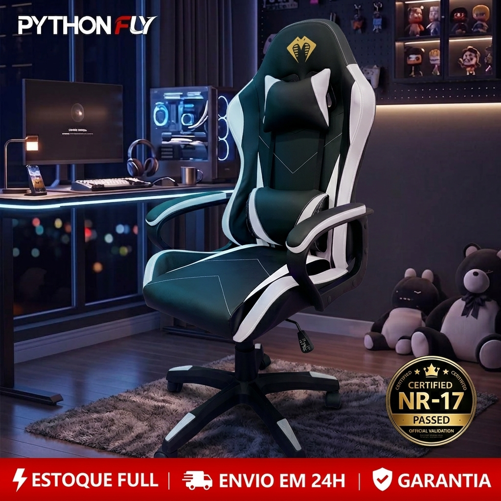 Cadeira Gamer Reclinável com Almofadas de Apoio Lombar e Cervical Altura Ajustável para Escritório e PC