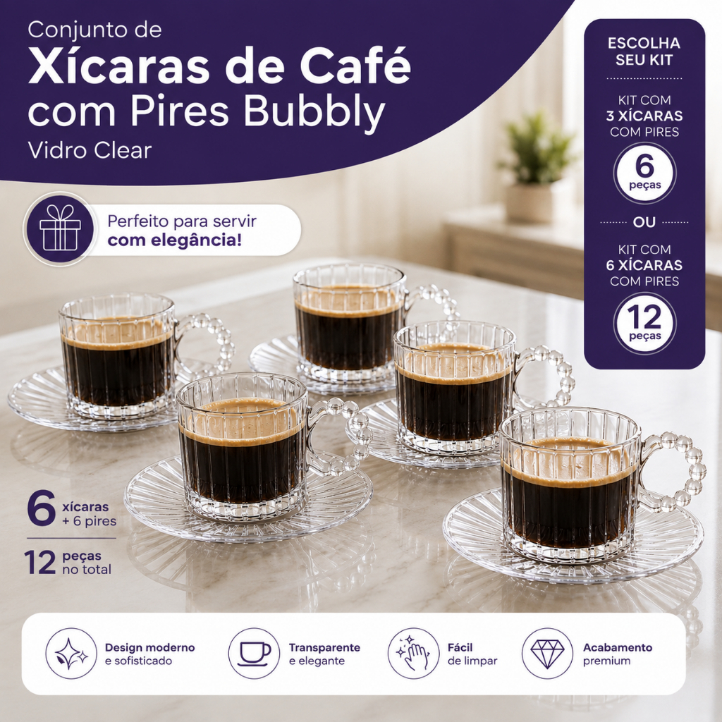 Jogo de Xícara com Pires 6 ou 12 Peças Cafe e Cha Bubbly Pearl Pérola Transparente Vidro 100ml Luxo