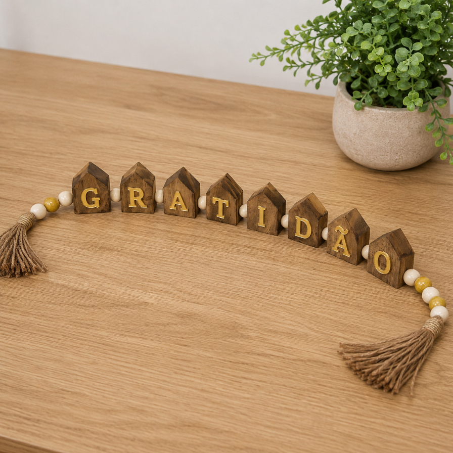 Colar De Mesa Decorativo Minimalista Em Madeira Pinus Boho Rústico Escritas Aplicadas Sala Escritórios