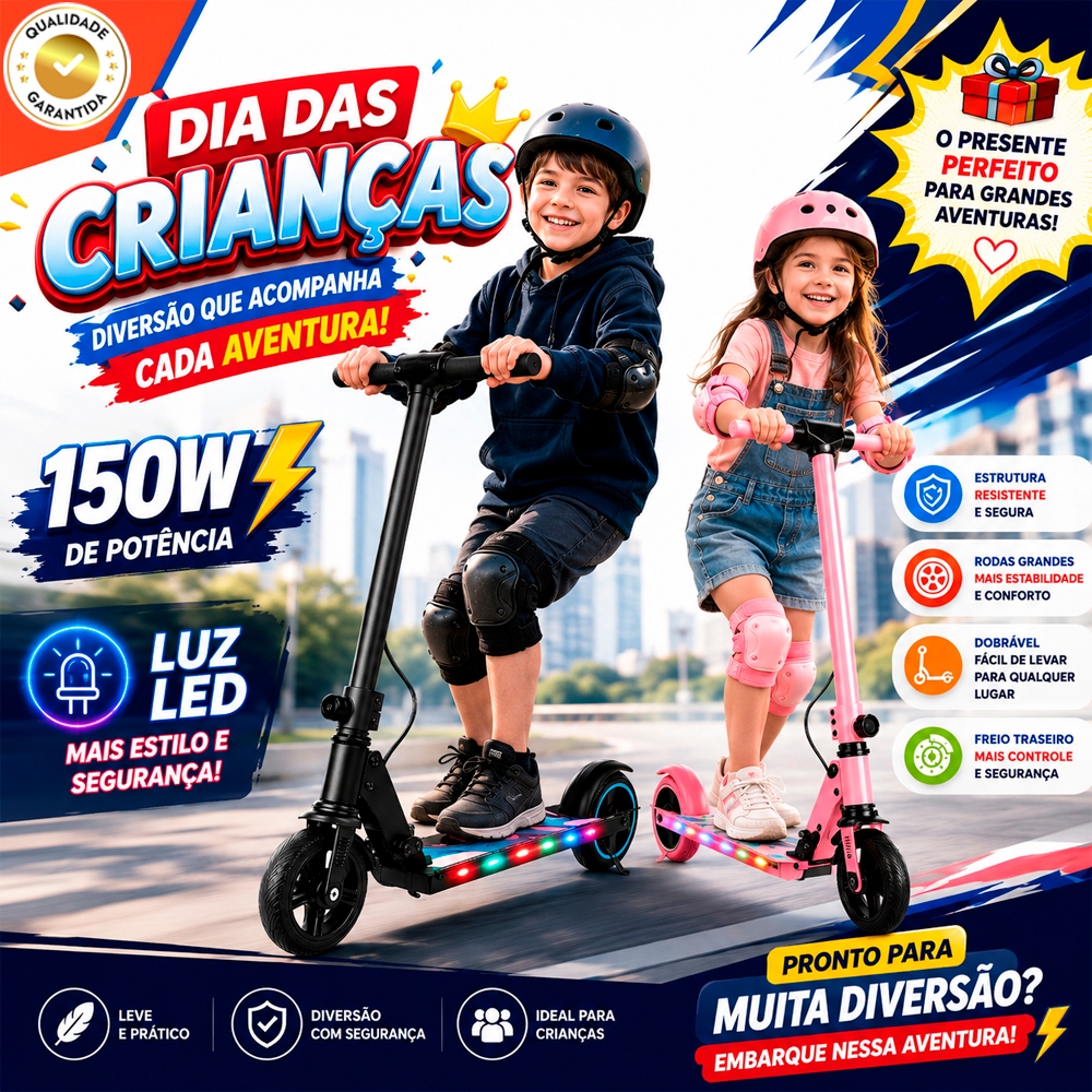 Patinete Elétrico Dobrável Infantil 150W Scooter com Luzes LED RGB E Autonomia De 4-5 Horas