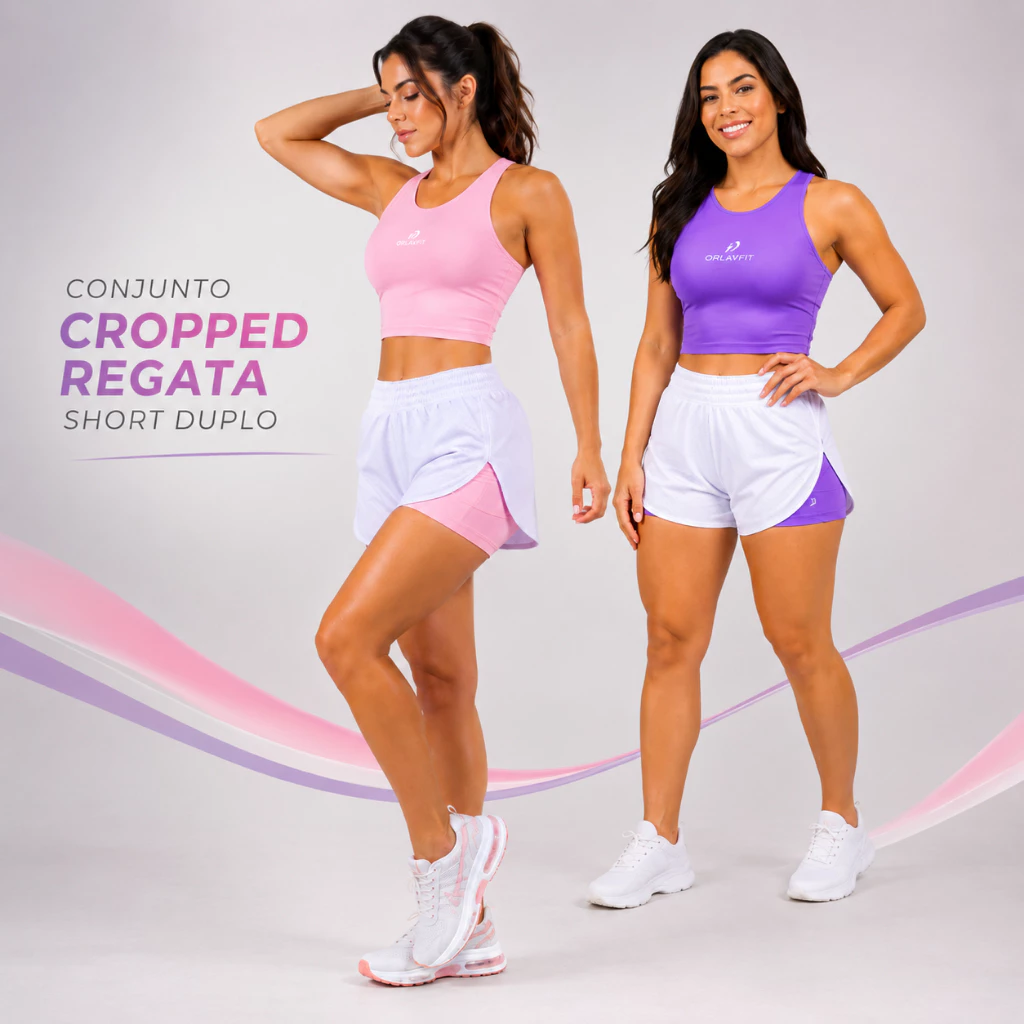 Conjunto Fitness Feminino Top Cropped Regata Short Duplo Academia Treino Corrida Proteção UV — imagem 1