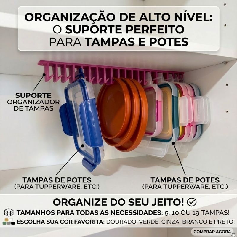 Suporte Organizador de 5, 10 ou 19 Tampas Tupperware e Potes - Dupla Face e Furo Armários Cozinha