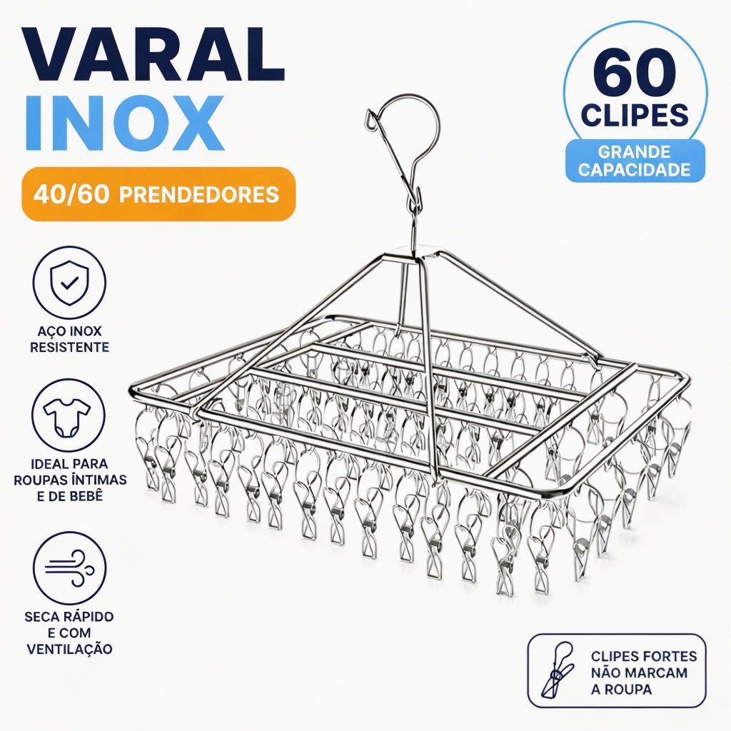 Varal 40/60 Clips Inox Prendedores Roupa Bebe Calcinha Cueca Dobrável Prático Retrátil