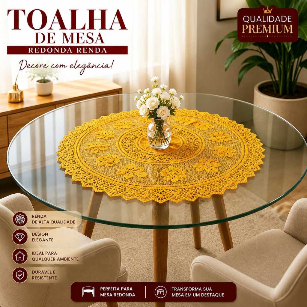 centro  de Mesa Redonda em Renda 1,35m – Elegância e Sofisticação para sua Decoração