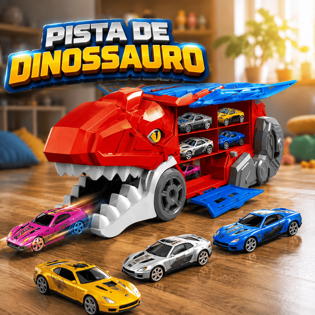 Caminhão Cegonha Dinossauro de Engolir e Lançar Carrinhos Pista Infantil Brinquedo T-Rex 2 em 1