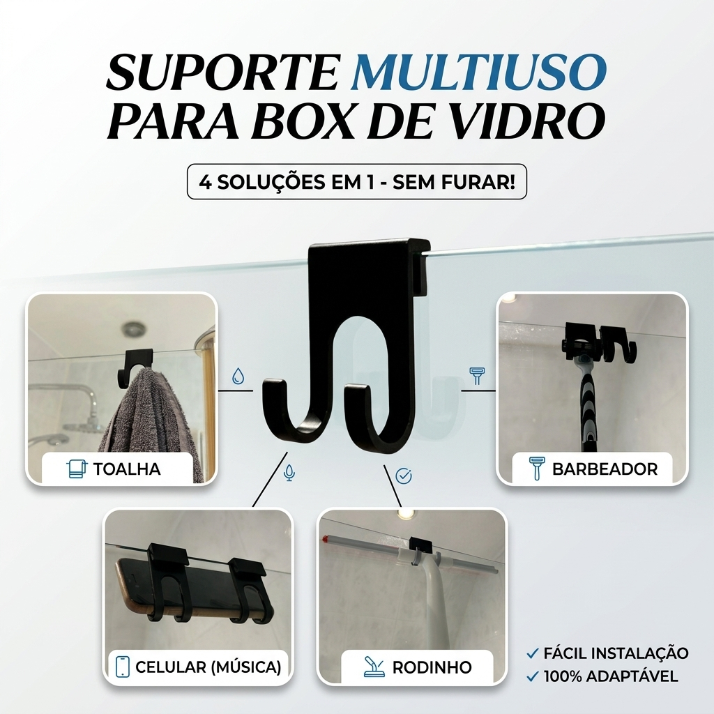 Gancho De Encaixe Box Vidro Banheiro Para Rodinho Celular Toalha Barbeador Suporte Universal Sem Furo Sem Cola e ventosa