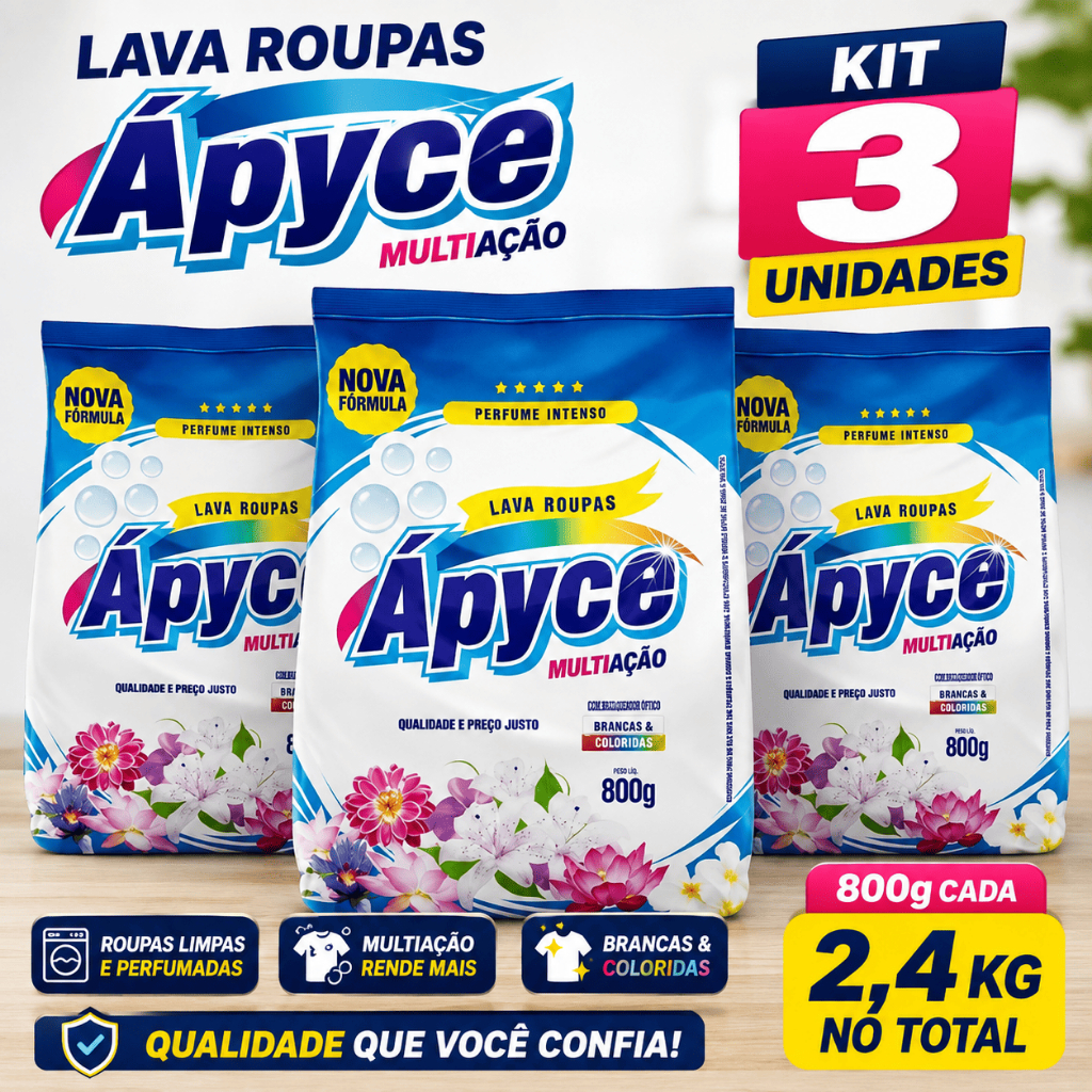 Lava Roupas em Pó Ápyce 800g Kit 3 Unidades Sabão em Pó para Lavagem de Roupas 2,4kg