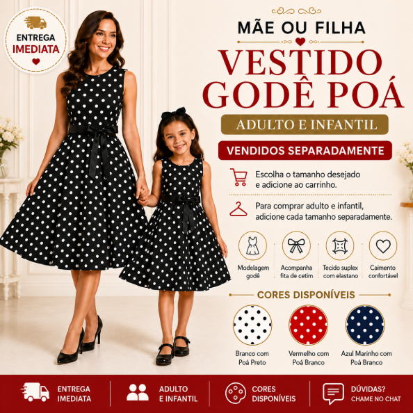 Vestido Mãe ou Filha Poá Bolinhas Anos 60 Retrô Vintage Godê Midi Suplex Sem Manga Festa Moda Evangélica