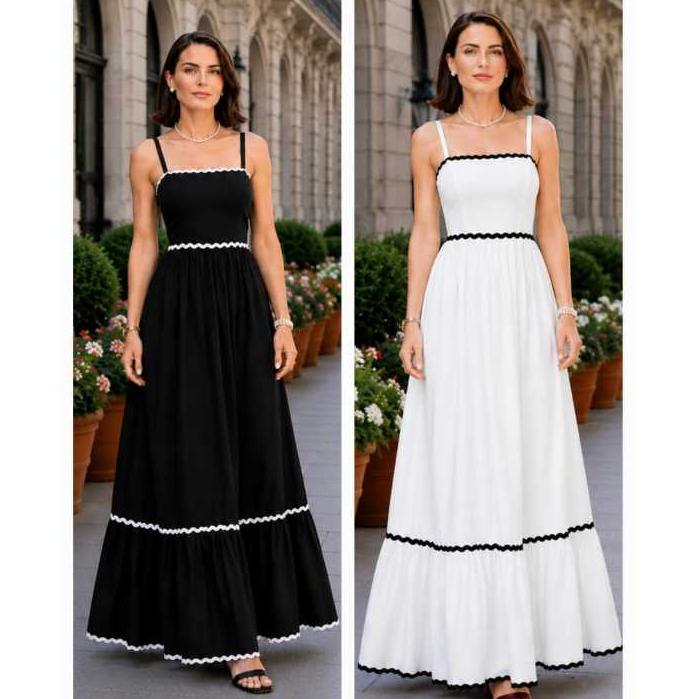 Vestido Longo Preto Feminino Tecido Viscolino | Alça Regulável | Costas com Lastex Elegante Verão