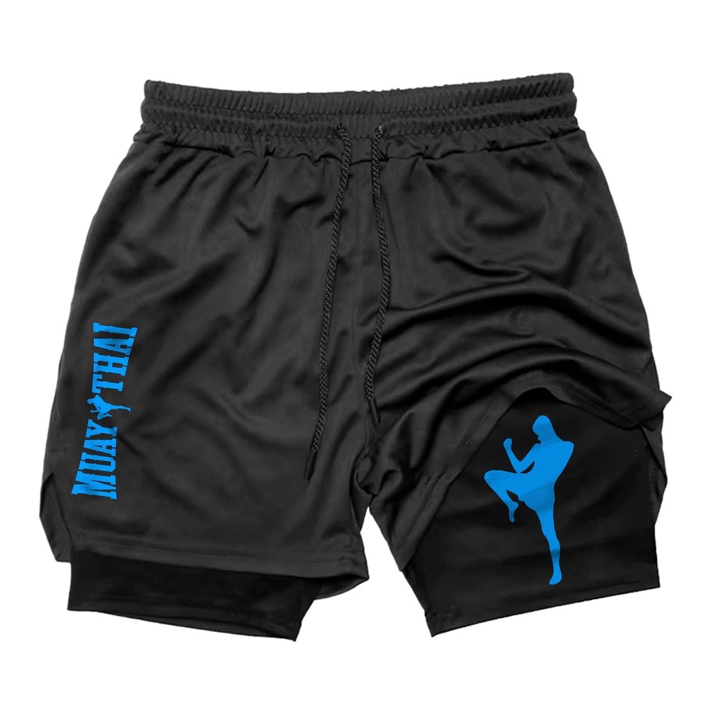 Short 2 em 1 Muay Thai Masculino Compressão Proteção UV Bermuda Academia Corrida Treino Fitness Leve Esportivo com Forro