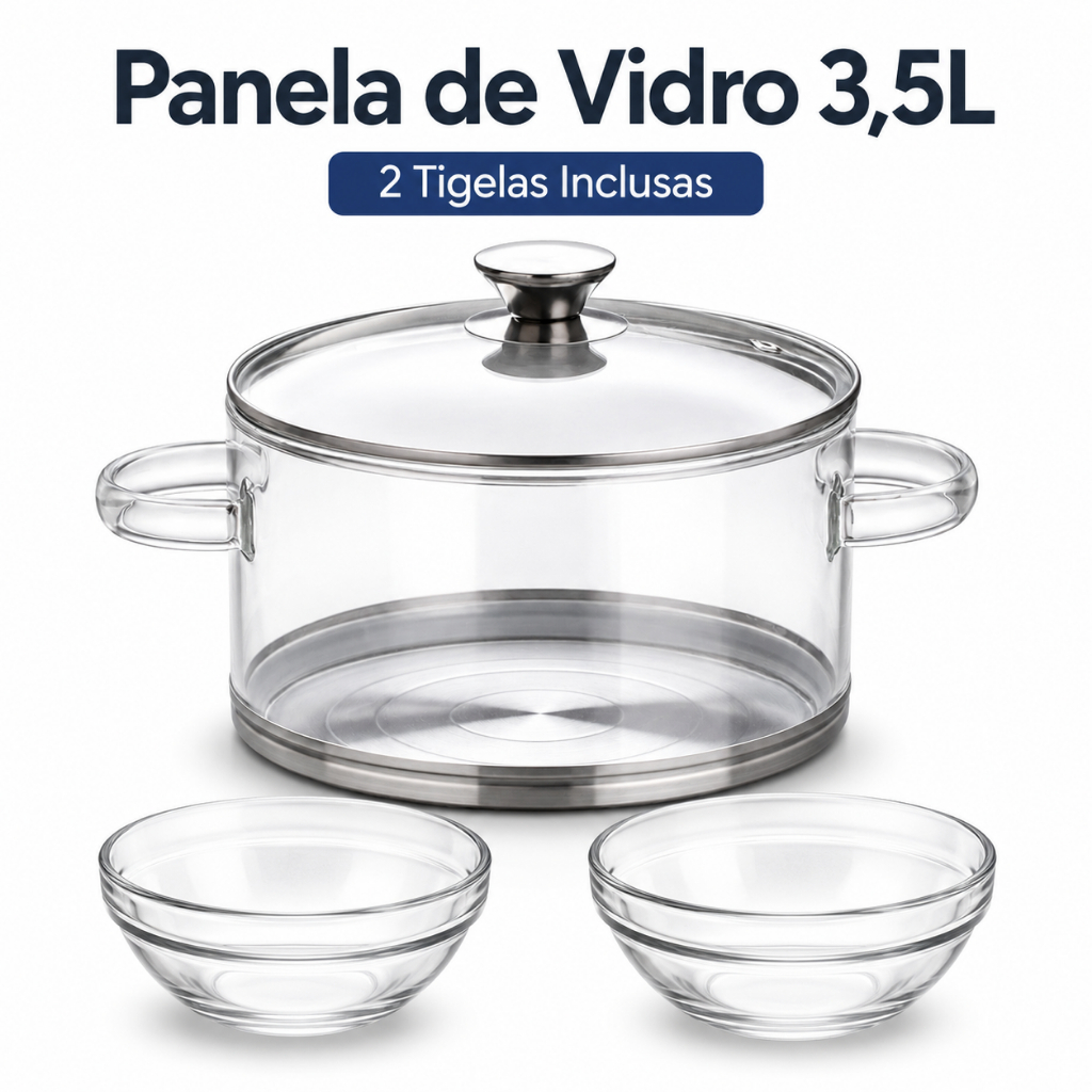 Panela de Vidro Borossilicato 3,5L com Tampa Base Inox para Fogão a Gás e Indução + 2 Tigelas
