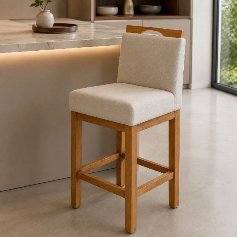 1 Banqueta Alta Cozinha Bancada Balcão Ilha Bistro e Base Madeira Confortavel Premium Bege Lyara