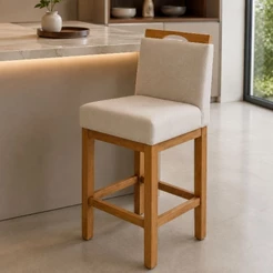1 Banqueta Alta Cozinha Bancada Balcão Ilha Bistro e Base Madeira Confortavel Premium Bege Lyara