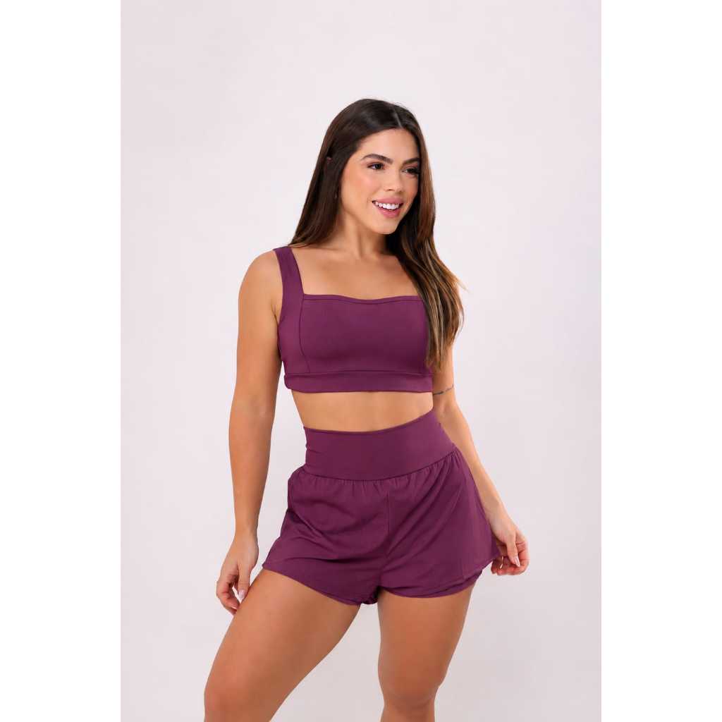 Conjunto Fitness Feminino Top + Short Duplo Suplex Premium Zero Transparência – Cintura Alta e Modelador, academia,