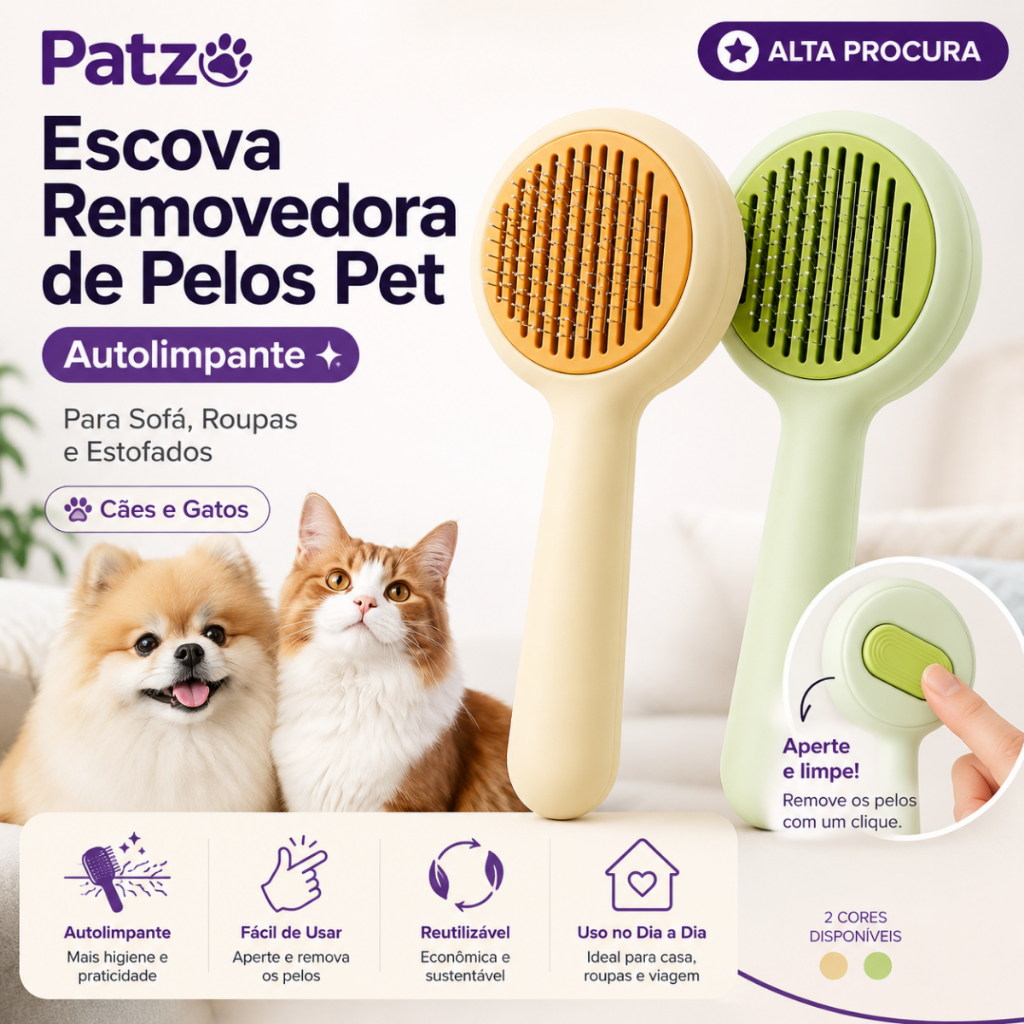 Escova Removedora de Pelos Pet Autolimpante | Tira Pelos Sofá Roupas Cães e Gatos
