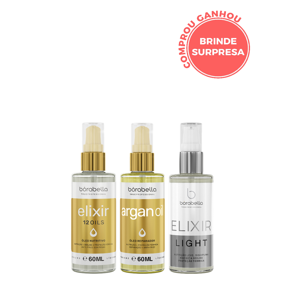 Trio de Sucesso Borabella Bio Elixir 12 Óleos + Óleo de Argan Reparador + Elixir Light 3x60ml
