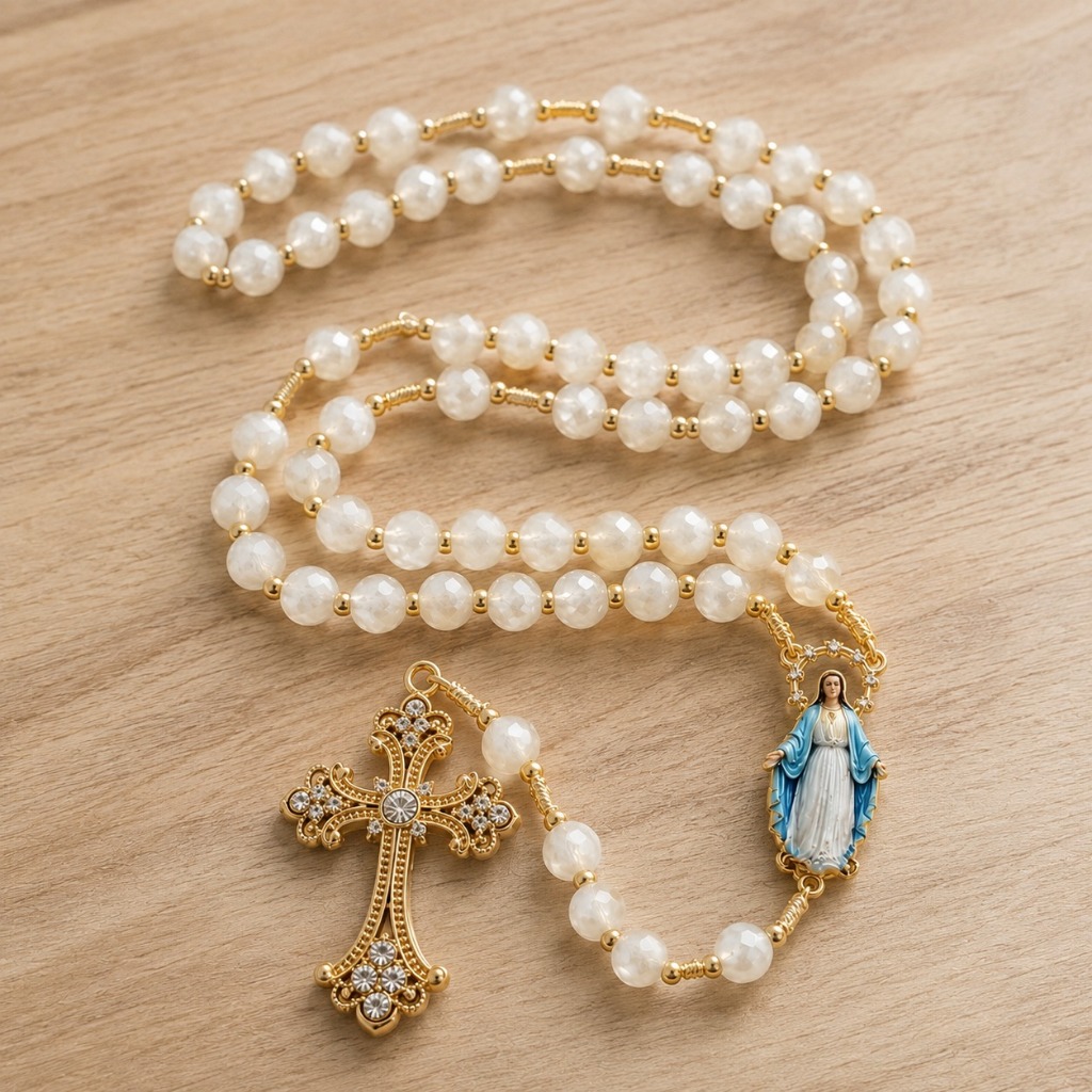 Terço Nossa Senhora das Graças com Pérolas Crucifixo Religioso Católico Rosário Presente