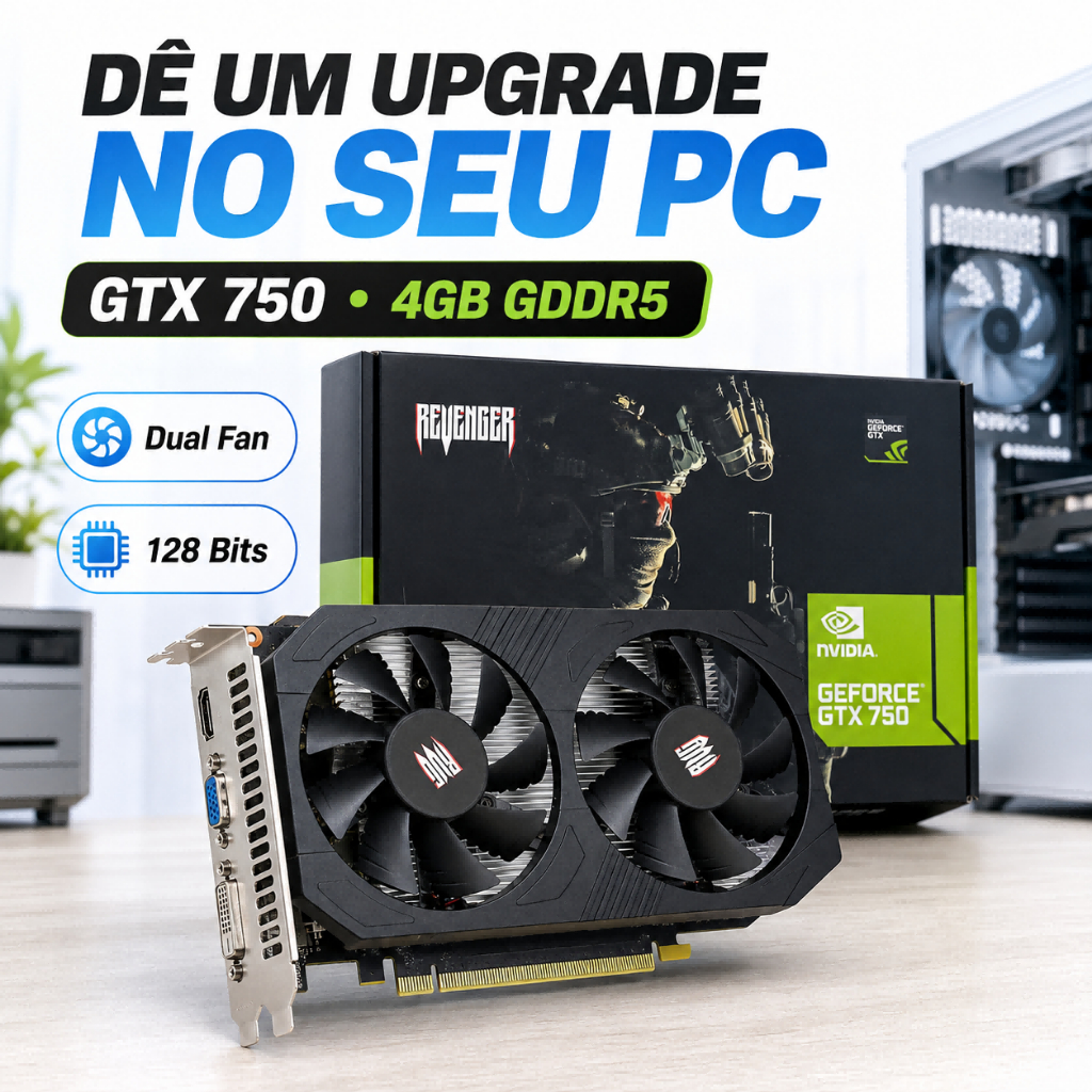 GTX 750 4GB GDDR5 Placa de Vídeo 128 Bits Dual Fan para Upgrade PC HDMI VGA DVI PCI Express