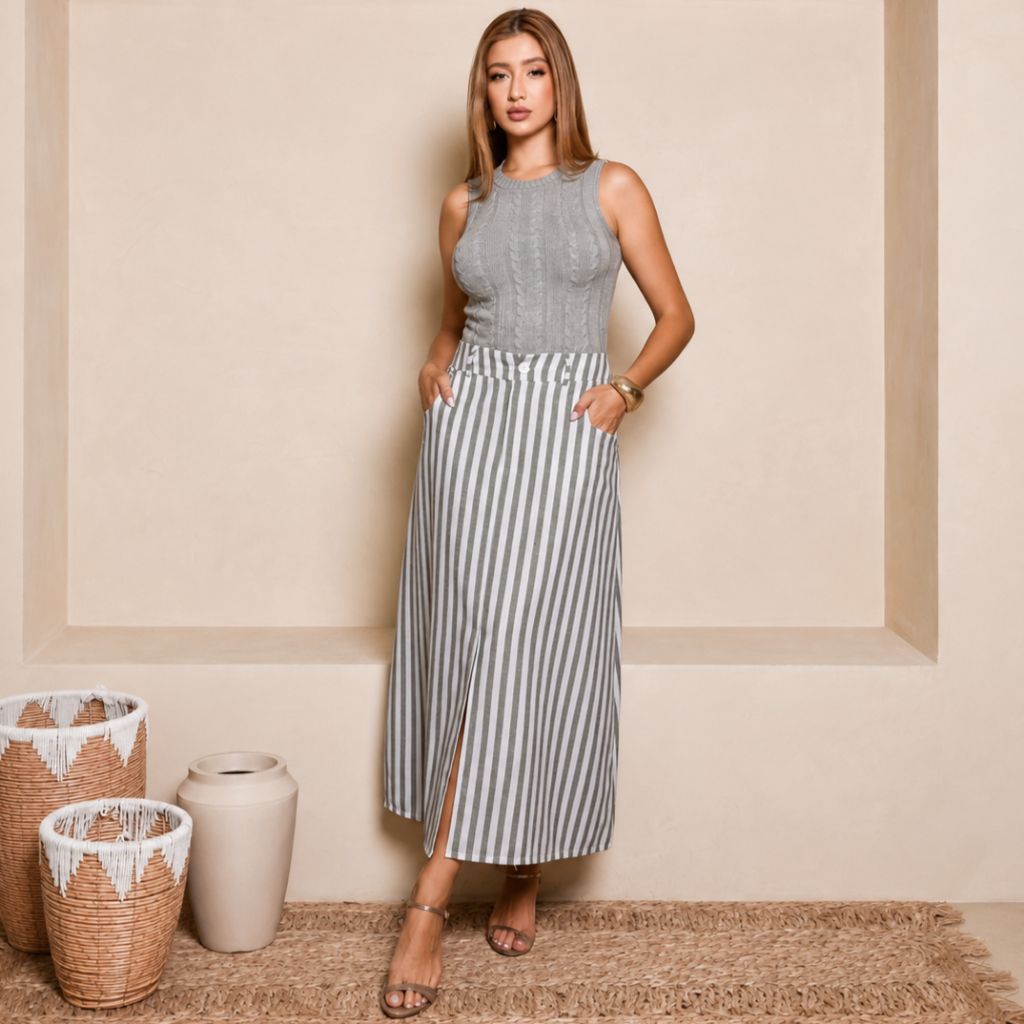 Saia Feminina Midi Reta em Linho com Fenda, Cintura Alta e Bolso Listrada Listra — imagem 2 de 2