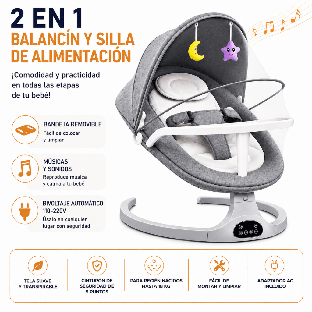 Cadeira de Balanço para Bebê, Balanço Infantil com Controle Remoto, Música, Mosquiteiro e Bandeja, Cadeira de Descanso