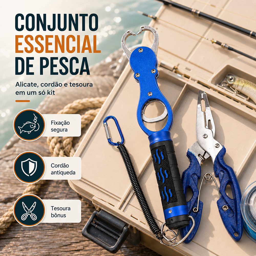 Kit 3 Peças Alicate Pega Peixe com Balança 40lb 18kg, Alicate Multifuncional e Cordão