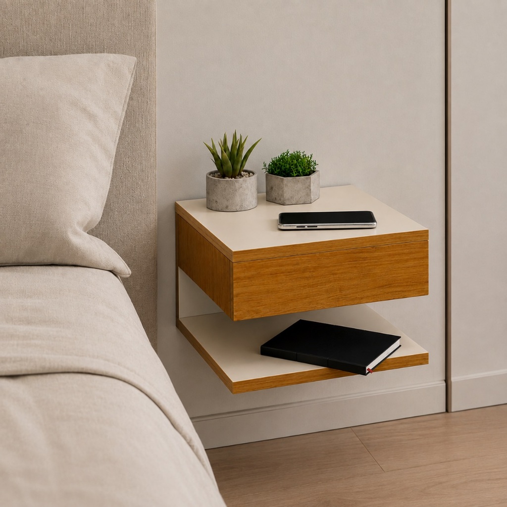 Mesa de Cabeceira Suspensa cor Offwhite com Gaveta e Prateleira Mesinha Suspenso off white