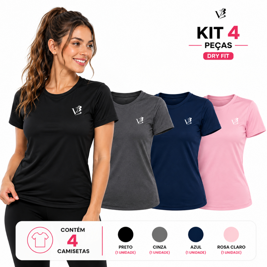 Kit 4 Camisetas Feminina Dry Fit Confortável Academia Fitness Corrida Proteção UV Anti Odor Caminhada Treino