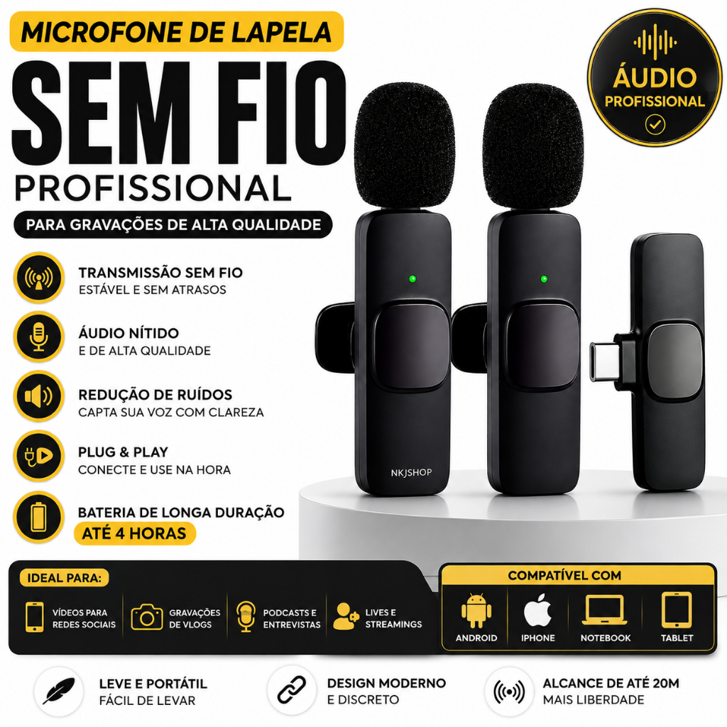 Microfone Sem Fio Duplo Lapela Android Tipo C Para Samsung  Preto