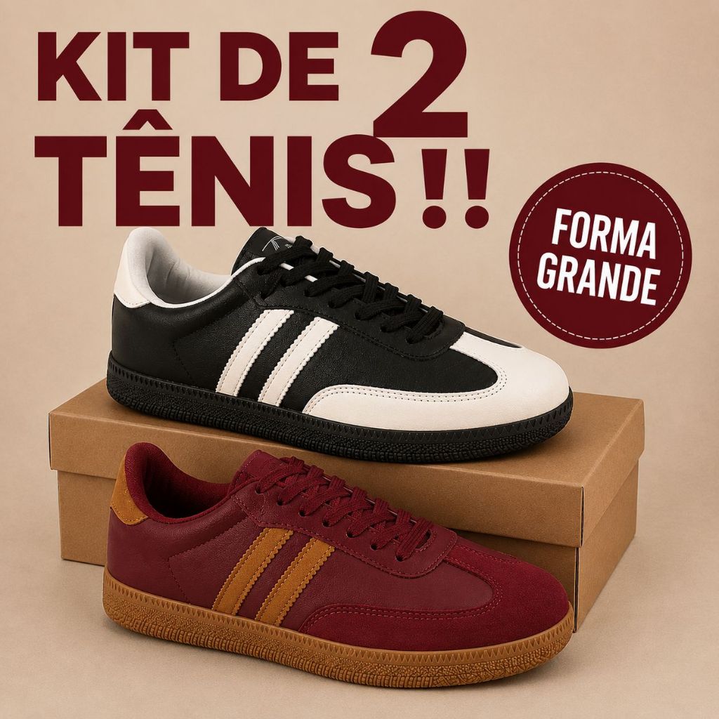 Kit 2 Tênis Femininos Casuais Camurça Detalhe Lateral Listra Dupla Moderno Confortável Moda