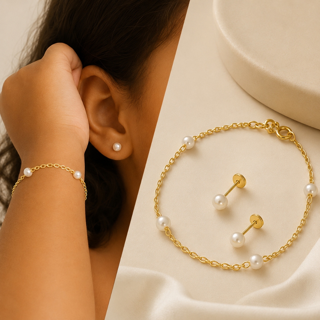 Kit Infantil Semijoia Pérola Pulseira + Brinco Ouro 18k Antialérgico Bebê Menina Delicado Ajustável