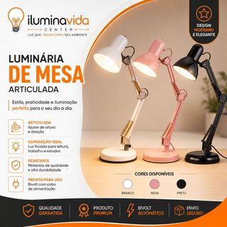 Luminária de Mesa Articulada Flexível Abajur Escritório Estudo Bivolt com Interruptor (Sem Lâmpada)