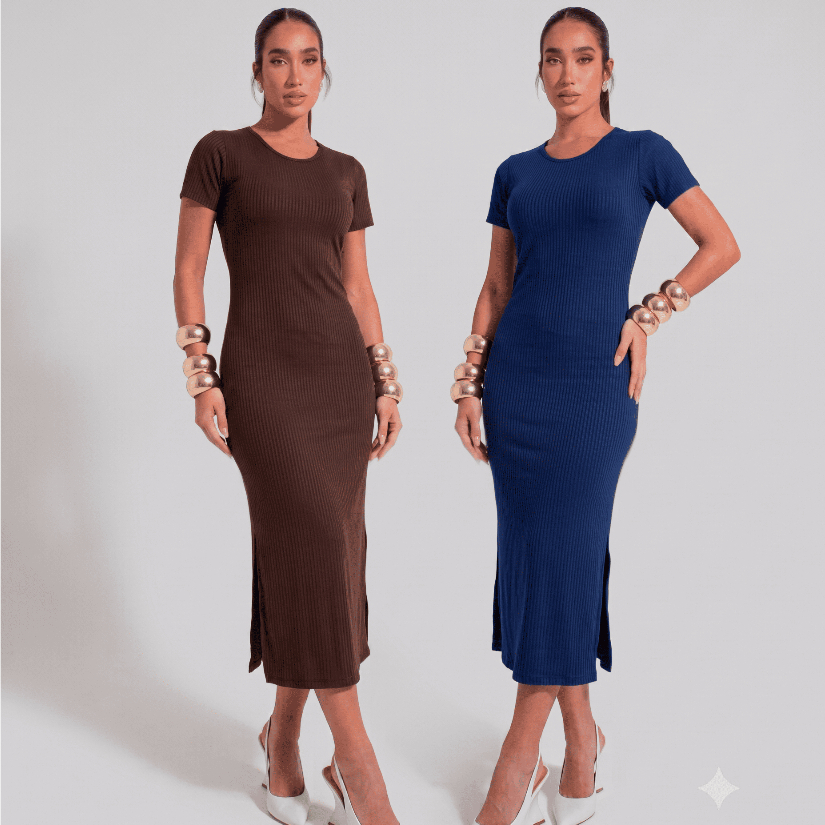 Kit 2 Vestidos Canelados Midi Vestido Chique Estiloso Manga Curta Igreja Feminino Social Cumprido