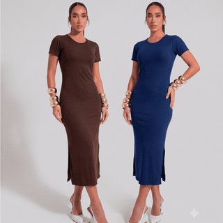 Kit 2 Vestidos Canelados Midi Vestido Chique Estiloso Manga Curta Igreja Feminino Social Cumprido