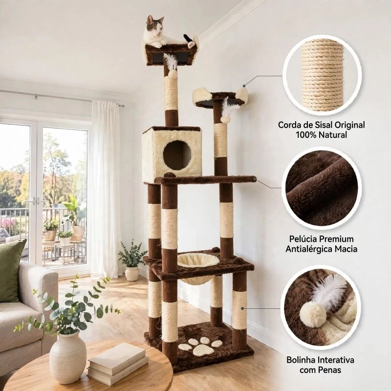 Arranhador Gigante para Gatos 1,96m com 1 Toca e Rede Torre de Sisal Haru Petgrall