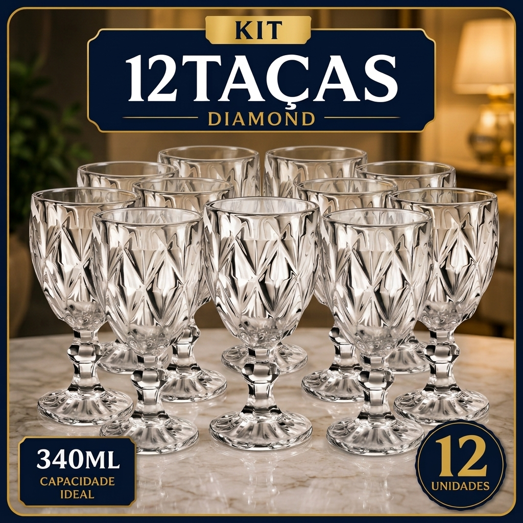 Jogo 12 Taças Diamond Vidro 340ml Transparente Água Suco