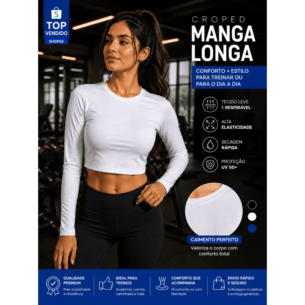 Blusa Cropped Feminina Manga Longa Gola Redonda Proteção UV 50+ Poliéster Elastano Blusinha Academia Confortável Praia