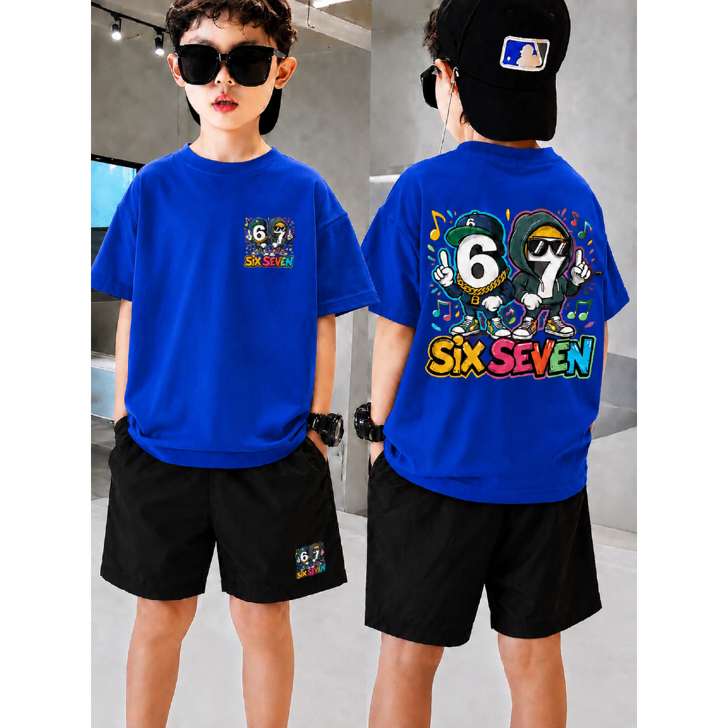 Conjunto Infantil Menino Camiseta + Bermuda Six Seven 6 7 Estampado Moda Streetwear Verão Roupa Infantil