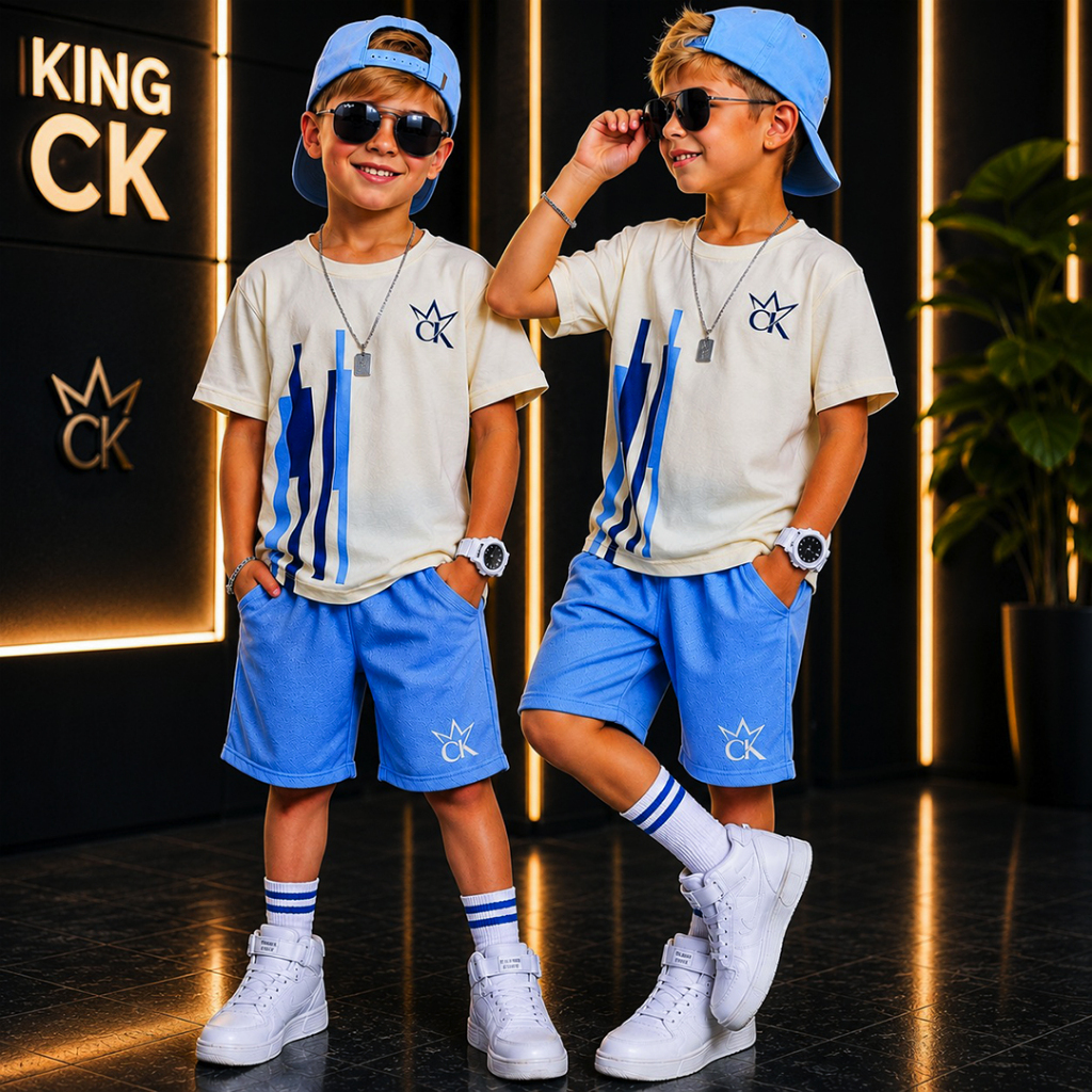 Conjunto Infantil Menino Estiloso Verão Lançamento 2025 Camiseta e Bermuda Veste Do 2 ao 12 anos