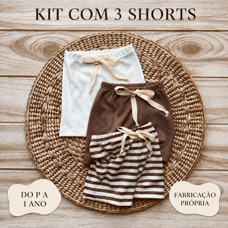 SHORTS Kit com 3 Peças Vintage Bebê Boho chic Menino Menina Maternidade Enxoval