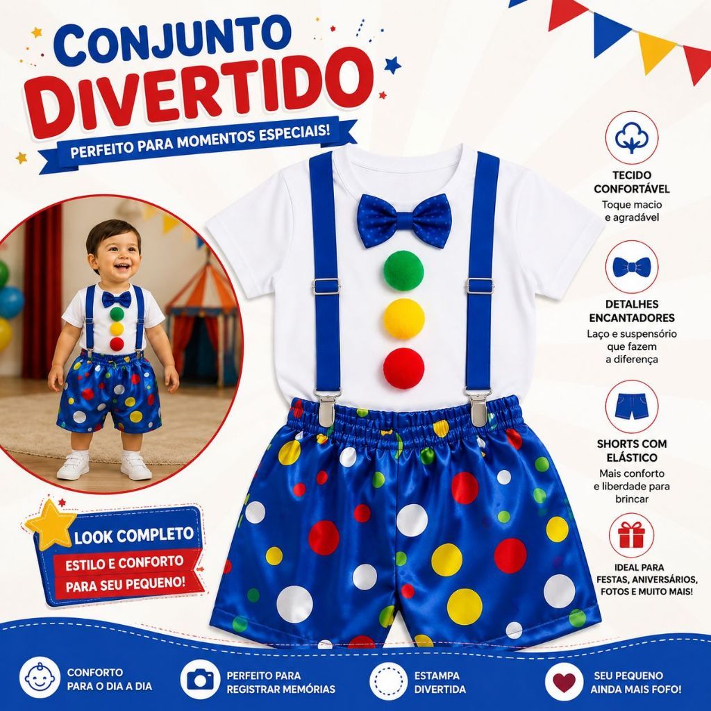 Conjunto Infantil Palhacinho Circo Temático Palhaço Menino Camiseta Short Suspensório Festa Aniversário Colorido