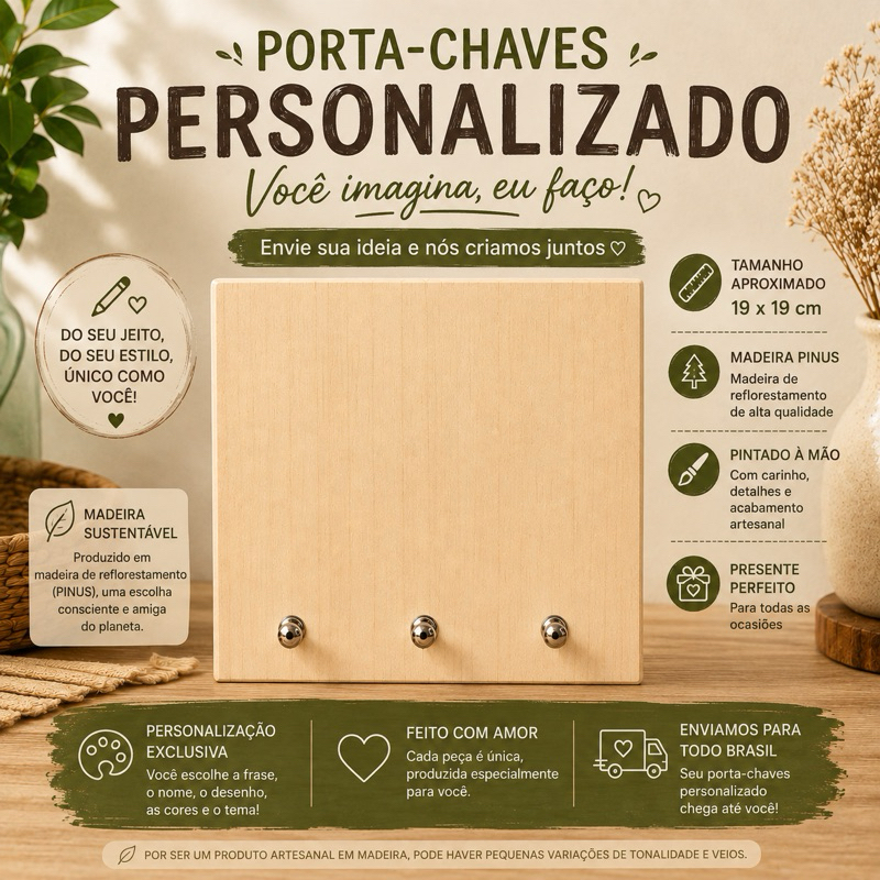 Porta-Chaves Personalizado em Madeira | Você Escolhe a Arte, Eu Faço!