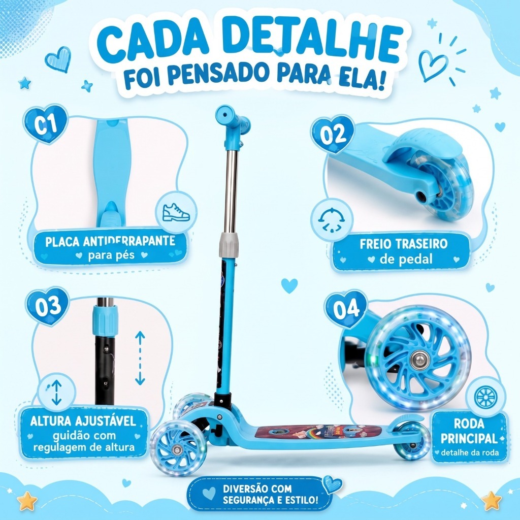 Patinete 3 Rodas LED Dobrável Infantil Azul/Rosa — imagem 2 de 2