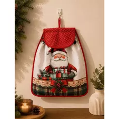 Puxa Saco Porta Sacolas para Cozinha Decorativo Estampa Digital Papai Noel Xadrez