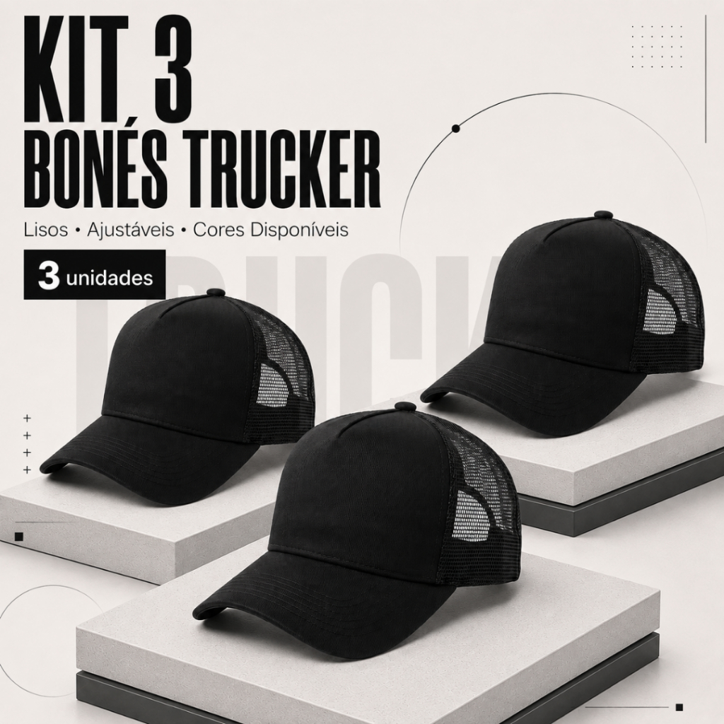 Kit 3 Boné Trucker Estilo Americano Liso Aba Curva Tela Traseira Fecho Snapback